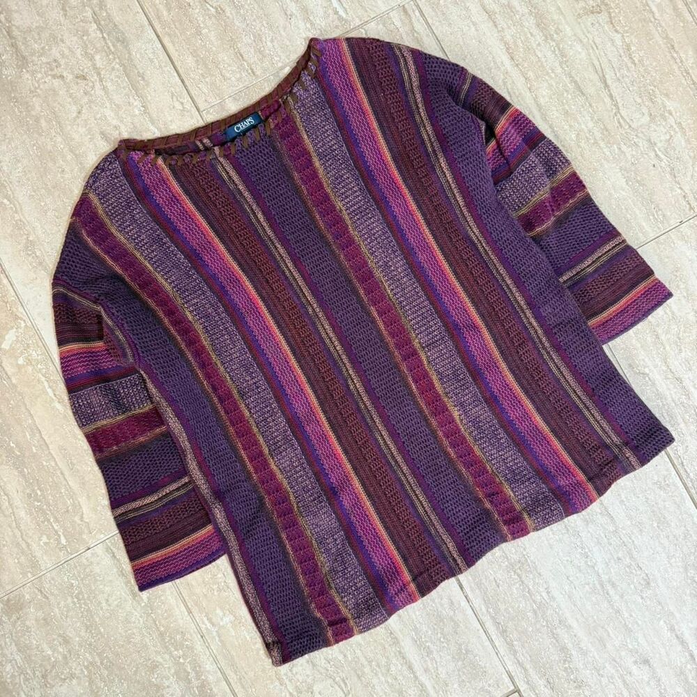 Vintage Chaps Purple Red Chunky Knit boho Striped retro Sweater Size L retro